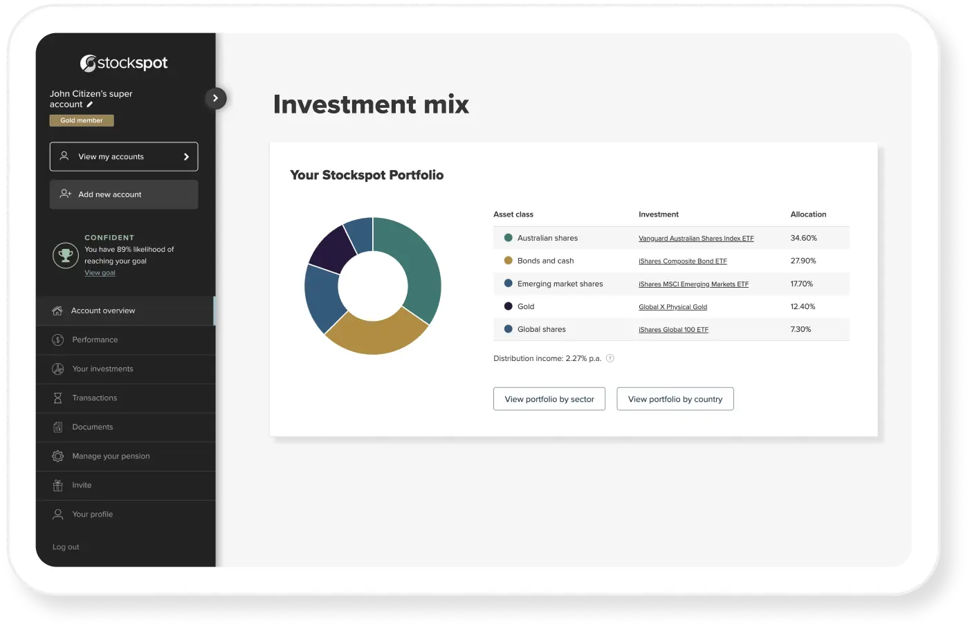 Investment mix dashboard screenshot